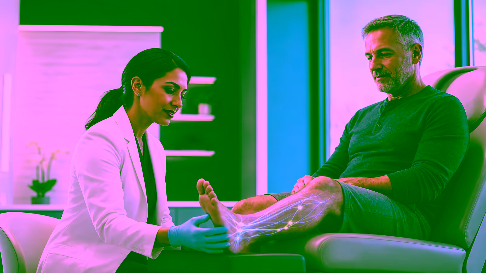 Clinician evaluating foot and lower leg nerve symptoms during a neuropathy consultation