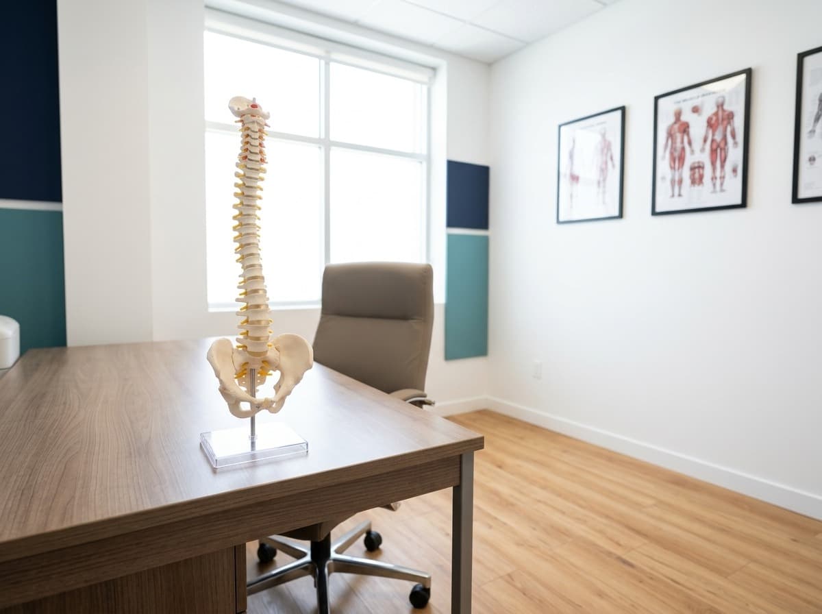 Spine consultation room with an anatomy model — spinal stenosis care at Simply Health Integrated Medical in St. Louis